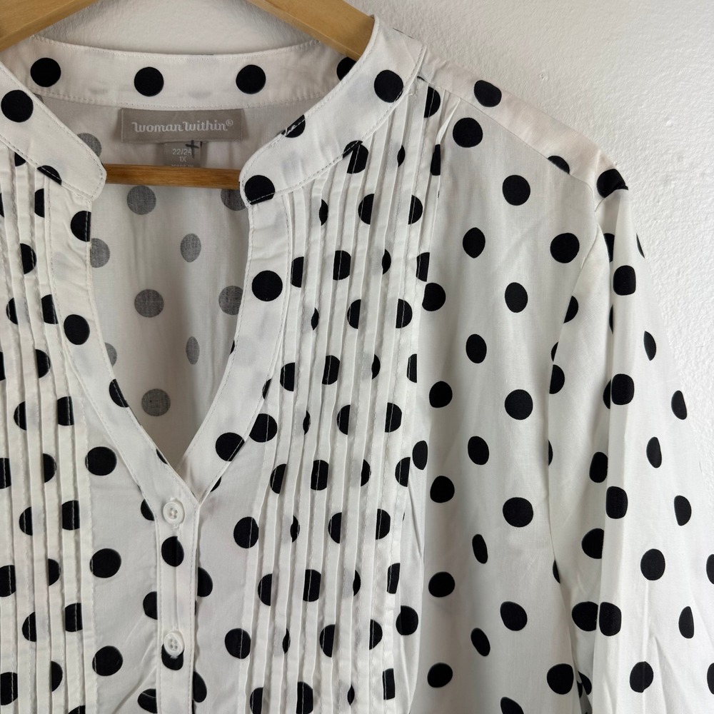 Woman Within Blouse Womens 1X White Black Polka Dot Pleated Front Long Sleeve